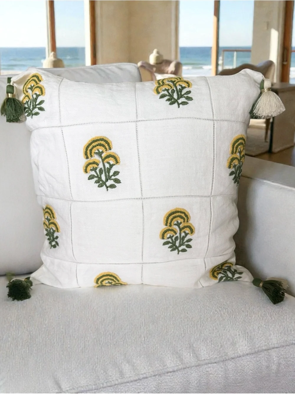 New! SERENA & LILY Cortina Moss/Sunflower Linen Embroidered Tassel Pillow
